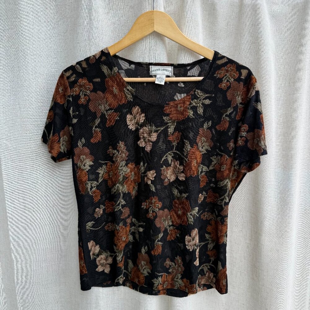 Vintage 90s Frazier Lawrence Sheer Floral Top Size L Black Rust Mesh Blouse